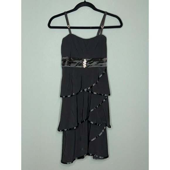 VTG Deb Medium Y2K 90s Strappy Tiered Satin Trim Tiered Bow Bling Party Dress - Picture 1 of 10